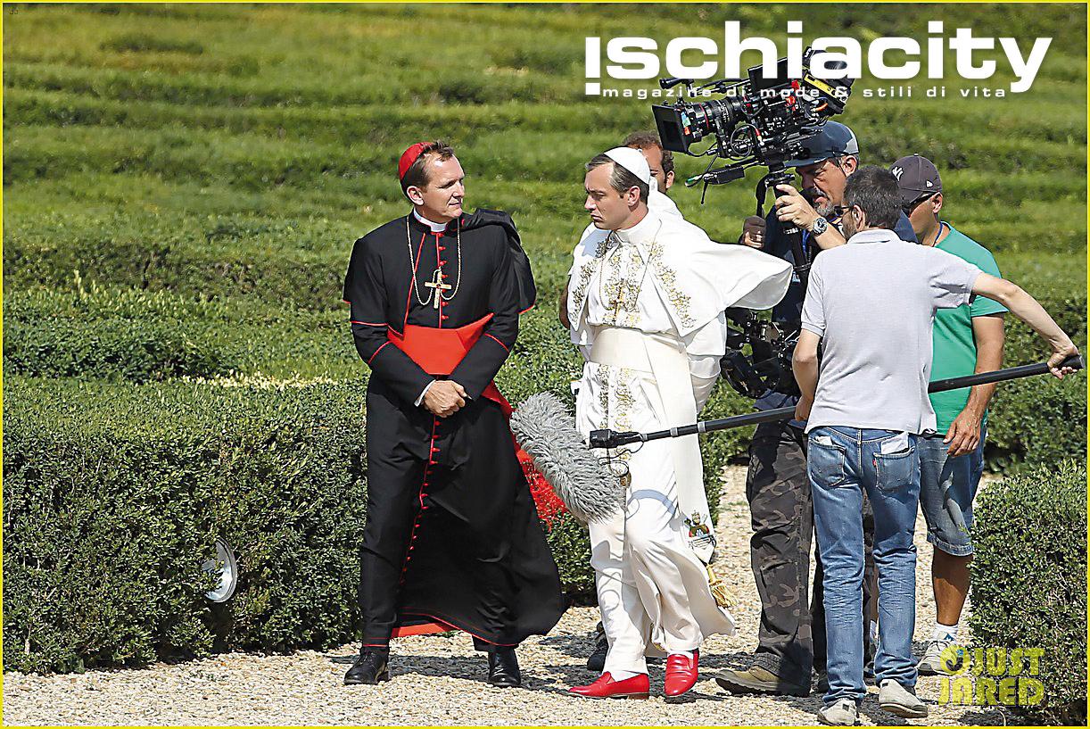 **USA ONLY** Rome, Italy - Jude Law and Sebastian Roche on the set of the TV series The Young Pope at Villa Pamphili in Rome. Pope Jude Law and French actor Sebastian Roche Cardinal on the set TV series The Young Pope in Girdini Villa Pamphili in Rome. The TV series is directed by Paolo Sorrentino.

AKM-GSI      August 7, 2015

**USA ONLY**
 
 To License These Photos, Please Contact :
 
 Steve Ginsburg
 (310) 505-8447
 (323) 423-9397
 steve@akmgsi.com
 sales@akmgsi.com
 
 or
 
 Maria Buda
 (917) 242-1505
 mbuda@akmgsi.com
 ginsburgspalyinc@gmail.com