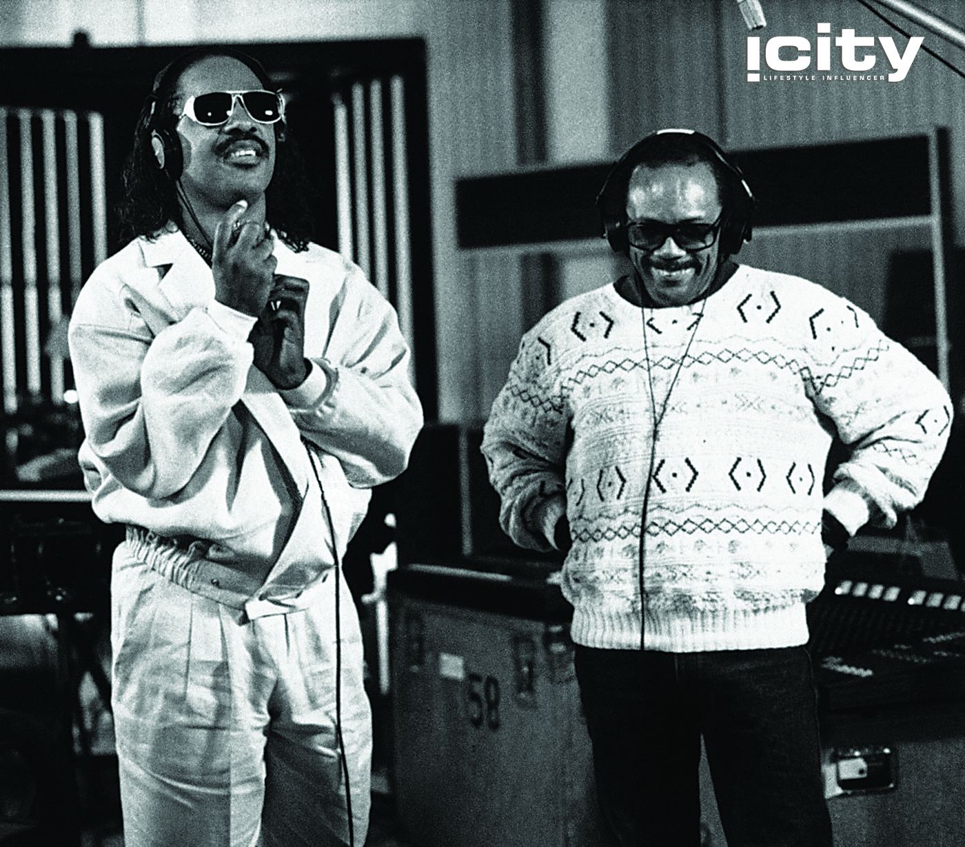 Recording star Stevie Wonder, left, and Quincy Jones participate in a coast-to-coast recording session, linked to a studio in New York, to record an anti-drug song, Wednesday, March 5, 1987 in Los Angeles. New technology incorporating fiber optic, satellite and digital transmission links enabled input from studios in both cities. The demonstration project was the recording of ?Stop, Don?t Pass Go,? an anti-crack rock cocaine song. (AP Photo/Sunny Bak)